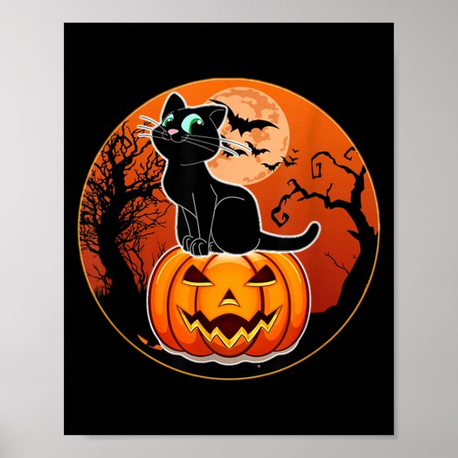 Söt Halloween Svart Katt Häxa Hatt Pumpa För Poster (Framsidan)