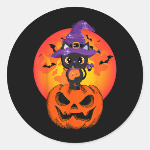 Söt Halloween Svart Katt Häxa Hatt Pumpa För Runt Klistermärke