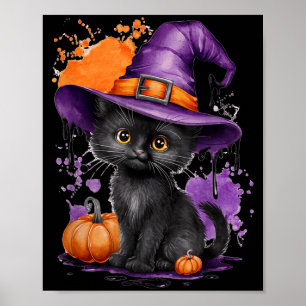 Söt Halloween svart katt häxa hatt pumpa Poster