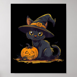 Söt Halloween Svart Katt Häxa Hatt Pumpa Poster