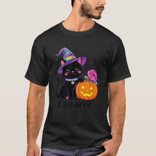 Söt Halloween Svart Katt Häxa Hatt Pumpa Ros T Shirt