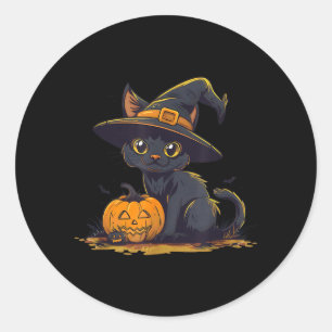 Söt Halloween svart katt häxa hatt pumpa Runt Klistermärke