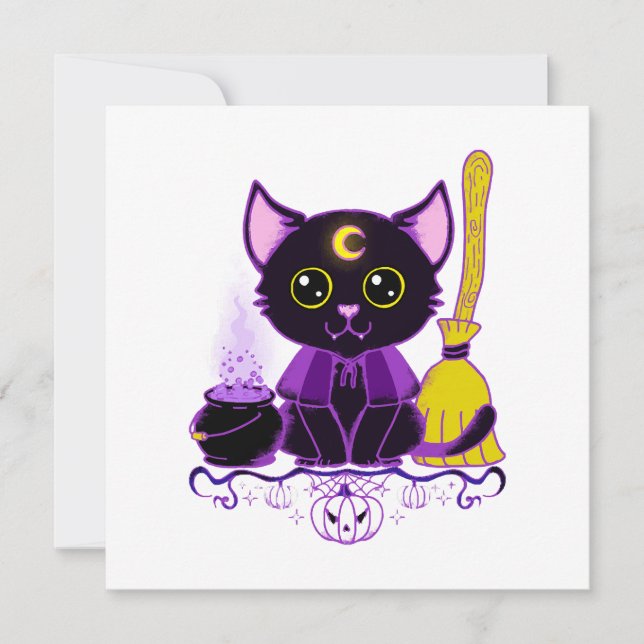 Söt Halloween Svart Katt Häxa Inbjudningar (Framsida)