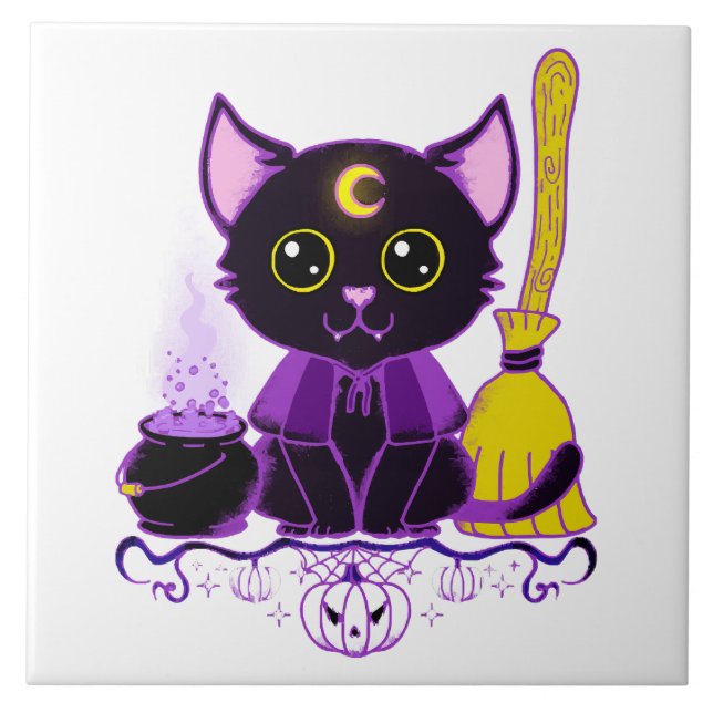 Söt Halloween svart katt häxa Kakelplatta (Framsidan)