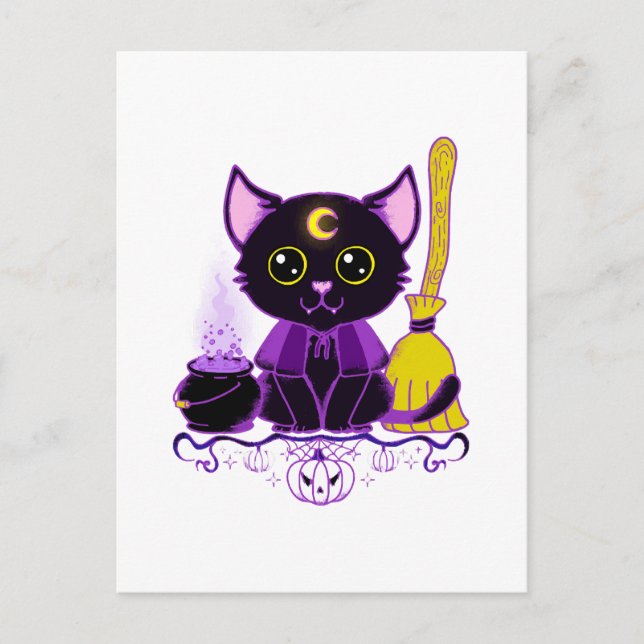 Söt Halloween svart katt häxa Vykort (Framsida)