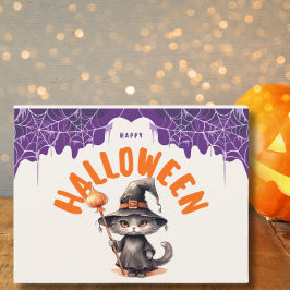 Söt Halloween svart katt i häxhatt Helg Vykort