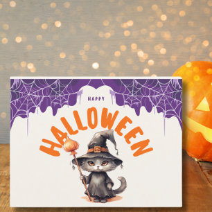 Söt Halloween svart katt i häxhatt Helg Vykort