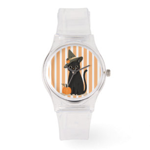Söt Halloween svart katt med häxhatt pumpa Armbandsur
