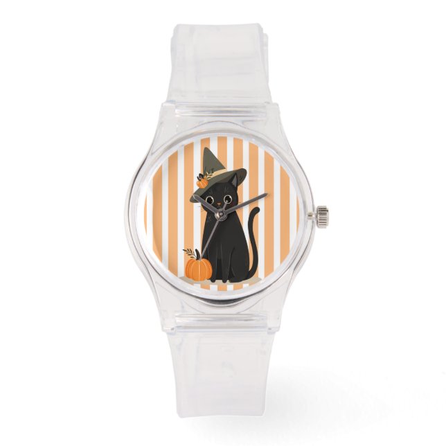 Söt Halloween svart katt med häxhatt pumpa Armbandsur (Framsida)