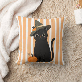 Söt Halloween svart katt med häxhatt pumpa Kudde