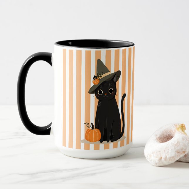 Söt Halloween svart katt med häxhatt pumpa Mugg (Med munk)