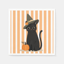 Söt Halloween svart katt med häxhatt pumpa Pappersservett