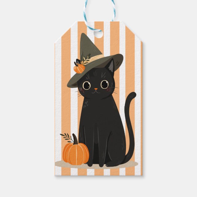 Söt Halloween svart katt med häxhatt pumpa Presentetikett (Framsidan)