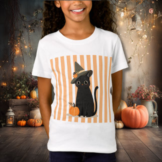 Söt Halloween svart katt med häxhatt pumpa T Shirt