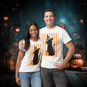 Söt Halloween svart katt med häxhatt pumpa T Shirt