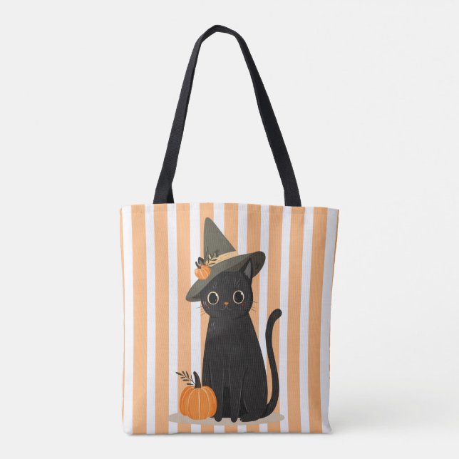 Söt Halloween svart katt med häxhatt pumpa Tygkasse (Baksida)