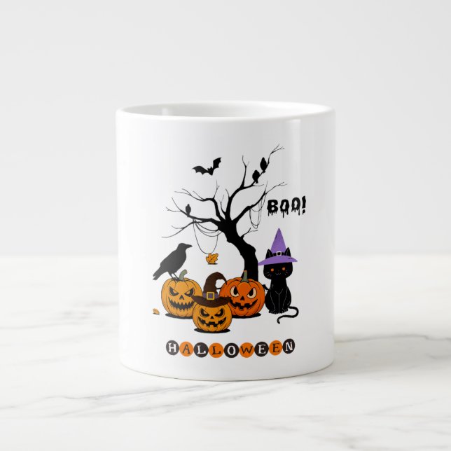 Söt Halloween svart katt med pumpor Jumbo Mugg (Framsidan)