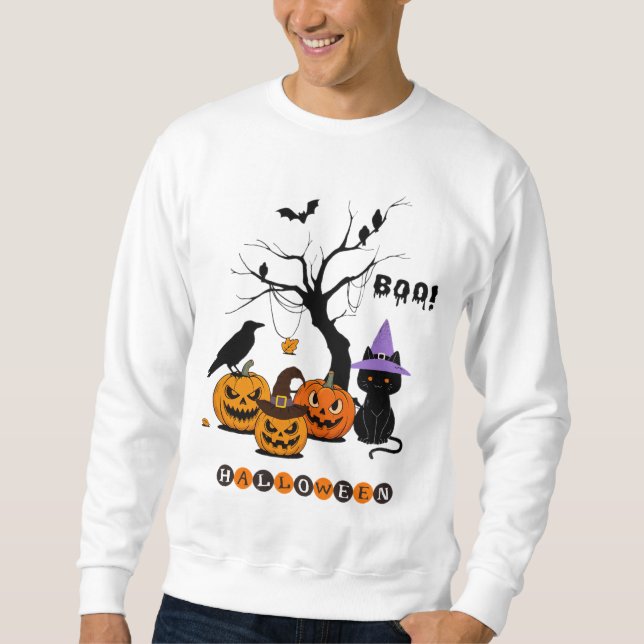 Söt Halloween svart katt med pumpor Lång Ärmad Tröja (Framsida)