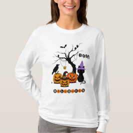 Söt Halloween svart katt med pumpor T Shirt