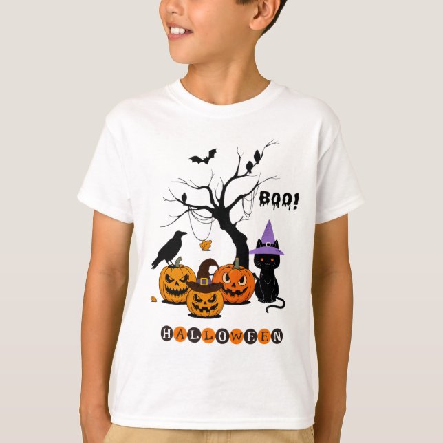 Söt Halloween svart katt med pumpor T Shirt (Framsida)
