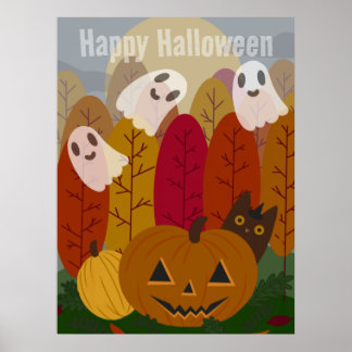 Söt Halloween svart katt och spöken Höstpumpa Poster
