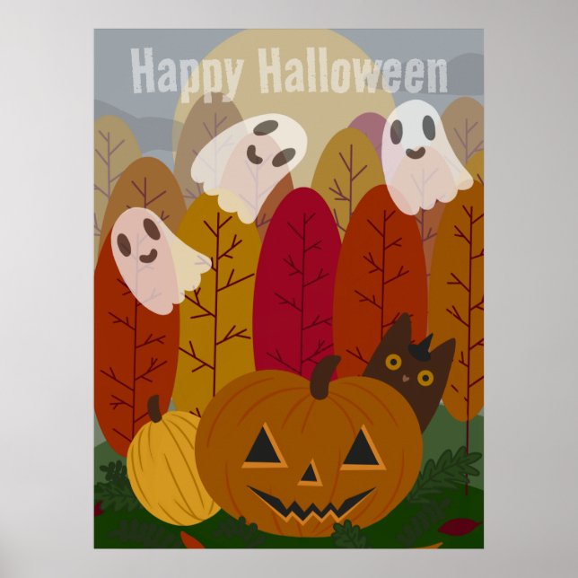 Söt Halloween svart katt och spöken Höstpumpa Poster (Framsidan)