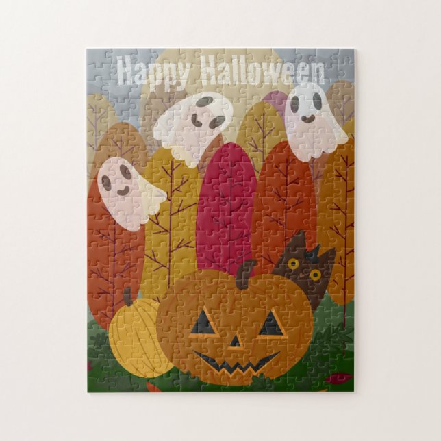 Söt Halloween svart katt och spöken höstpumpa Pussel (Vertikal)