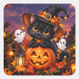 Söt Halloween Svart Katt Pumpa Häxa Fyrkantig Klis Fyrkantigt Klistermärke