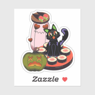 Söt Halloween svart katt som sitter på sushi Klistermärken