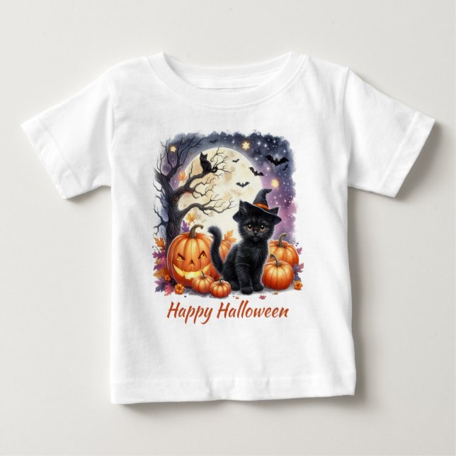 Söt Halloween svart katt t-shirt (Framsida)