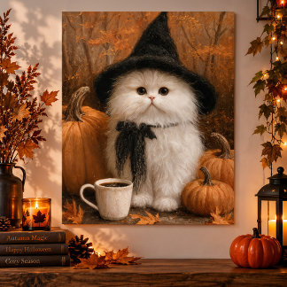 Söt Halloween-vit katt-häxa med kaffekopp Poster