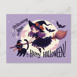 Söt Halloween-vits med häxa och katt Vykort