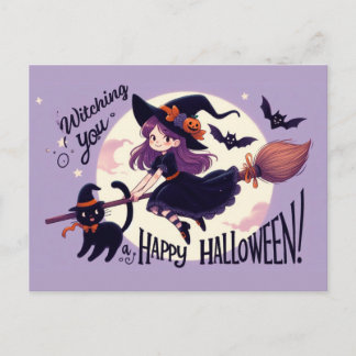 Söt Halloween-vits med häxa och katt Vykort