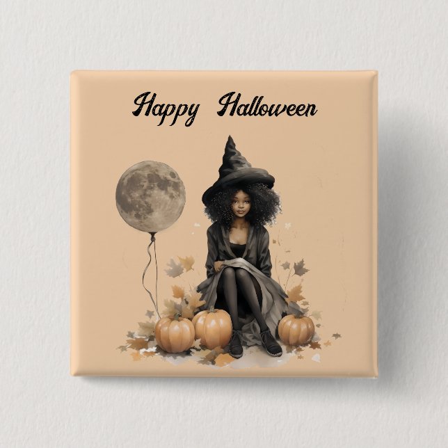 Söt Halloween Witch och Full Moon Balloon Knapp (Framsida)