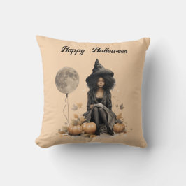 Söt Halloween Witch och Full Moon Balloon Kudde