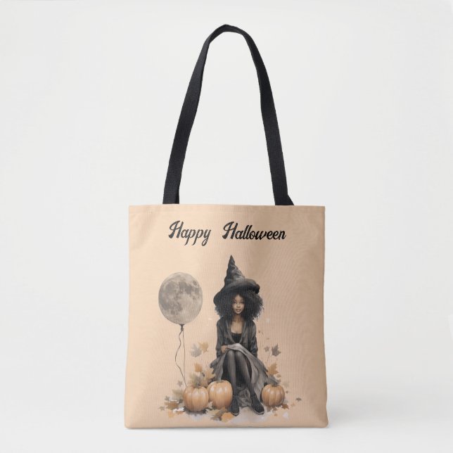 Söt Halloween Witch och Full Moon Balloon Tygkasse (Framsida)