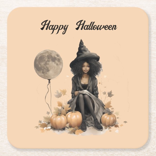Söt Halloween Witch och Full Moon Balloon Underlägg Papper Kvadrat (Framsidan)
