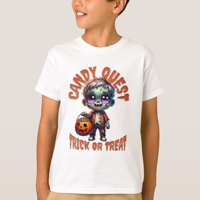 Söt Halloween Zombie Kid Candy Quest T-Shirt (Framsida)