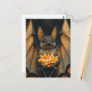 Söt halloweenfladdermus-katt med halloweengodis vykort