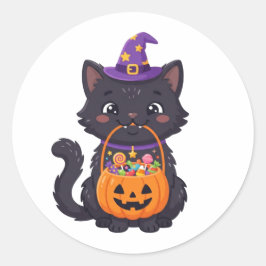 Söt Halloweenkatt med 'Trick or Treat' och godis Runt Klistermärke