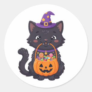 Söt Halloweenkatt med 'Trick or Treat' och godis Runt Klistermärke