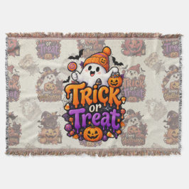Söt Halloweenkudde med spöktema och vävd filt