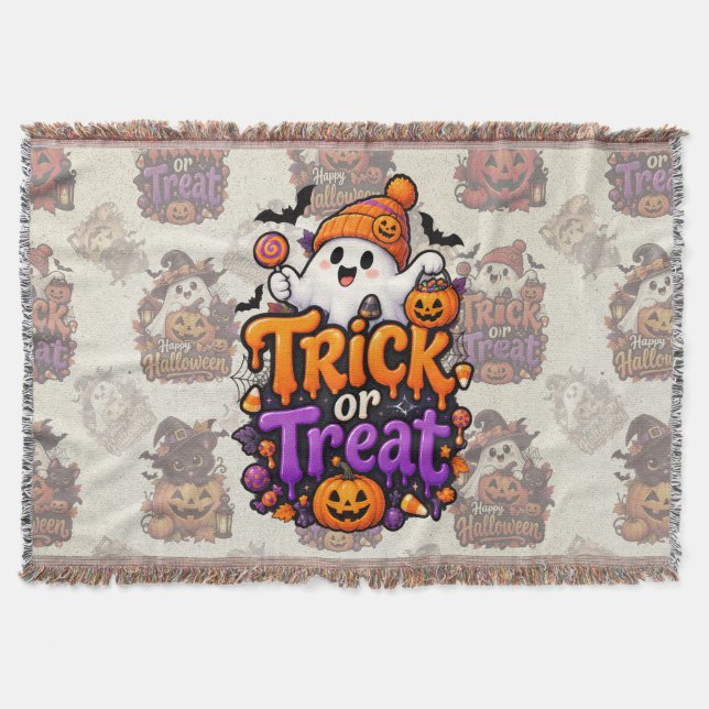 Söt Halloweenkudde med spöktema och vävd filt  (Framsidan)