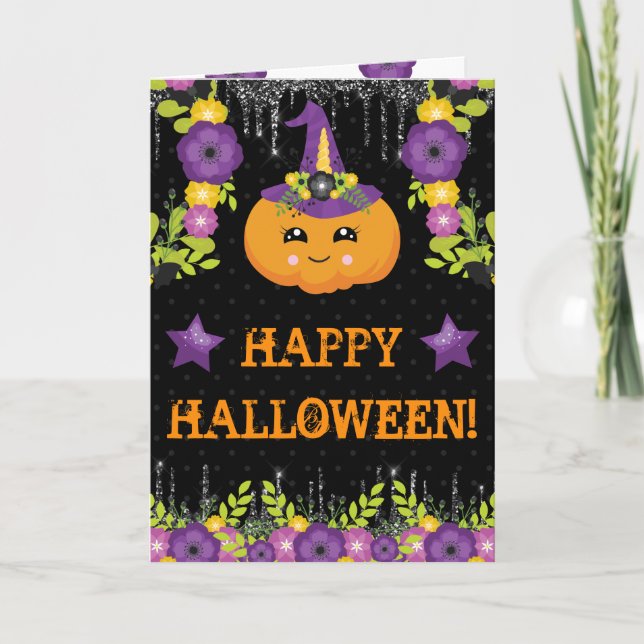 Söt Halloweens pumpa blommig hälsning Kort (Framsida)