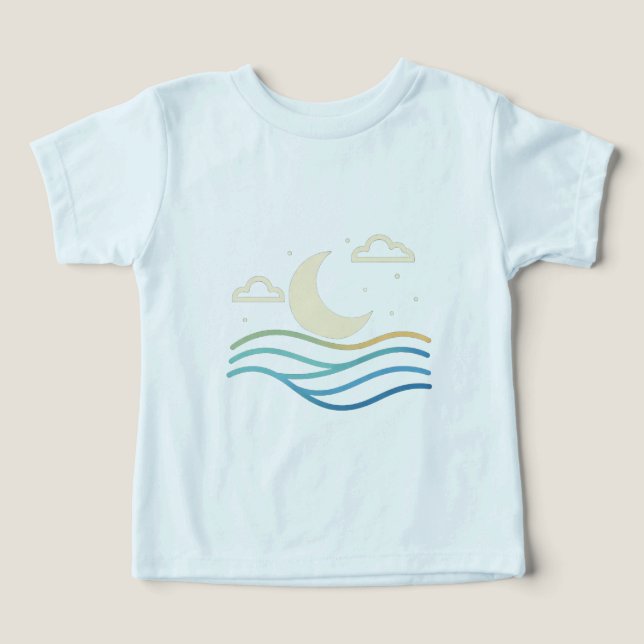 Söt halvmåne & vågor – Minimal nattdesign för  T Shirt (Design Framsida)