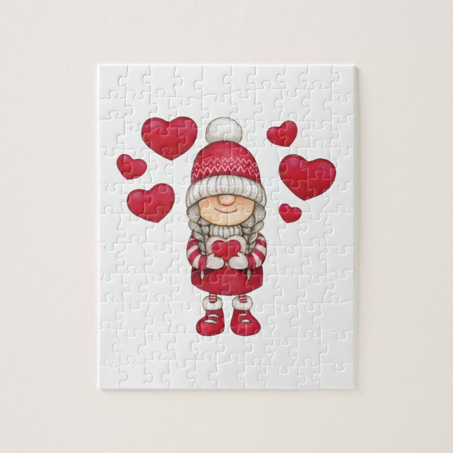 Söt hand plockade valentines day gnome. pussel (Vertikal)