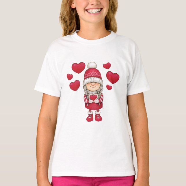Söt hand plockade valentines day gnome. t shirt (Framsida)