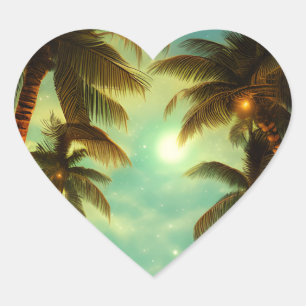 Söt Handflatan Träd vid Sunset Tropical Hjärtformat Klistermärke