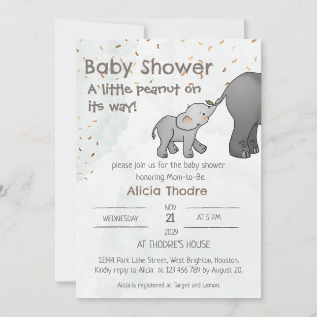 Söt Handritad Elefant Liten Jordnöt Baby Shower Inbjudningar (Framsida)