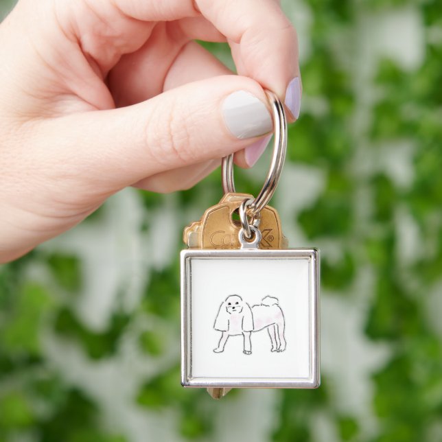 Söt handritad fluffig vit hundillustration fyrkantig silverfärgad nyckelring (Hand)